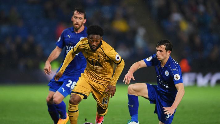 LEICESTER, ENGLAND - MAY 18: Georges-Kevin Nkoudou of Tottenham Hotspur evades Christian Fuchs and Ben Chilwell of Leicester City during the Premier League match between Leicester City and Tottenham Hotspur at The King Power Stadium on May 18, 2017 in Leicester, England. (Photo by Laurence Griffiths/Getty Images) LEICESTER, ENGLAND - MAY 18: Georges-Kevin Nkoudou of Tottenham Hotspur evades Christian Fuchs and Ben Chilwell of Leicester City during the Premier League match between Leicester City and Tottenham Hotspur at The King Power Stadium on May 18, 2017 in Leicester, England. (Photo by Laurence Griffiths/Getty Images)
