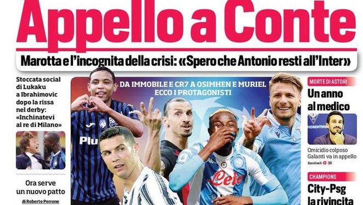 Prima Pagina, Corriere dello Sport: “Appello a Conte. Volata Champions, il segno dei bomber. City-Psg, la rivincita” 