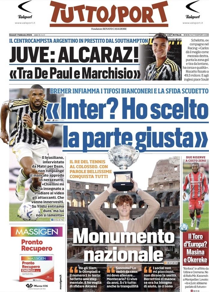 Tuttosport, la prima pagina di oggi, giovedì 1° febbraio 2024 Tuttosport