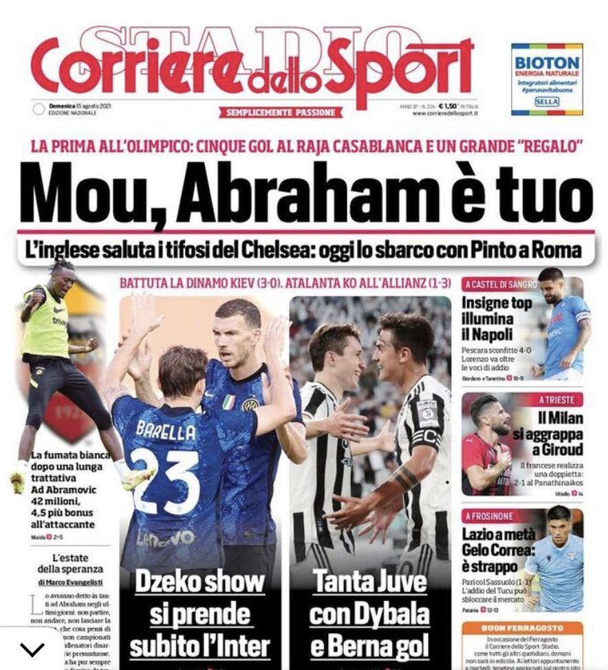 Prima Pagina, Corriere dello Sport: “ Mou, Abraham è tuo! Inter, Dzeko show”  Prima Pagina, Corriere dello Sport: “ Mou, Abraham è tuo! Inter, Dzeko show”
