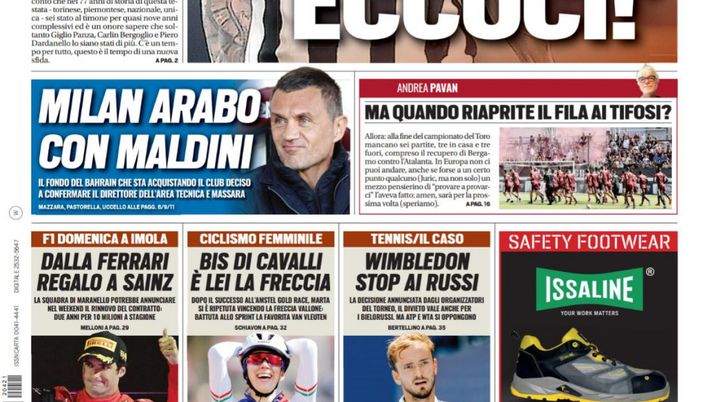 Prima Pagina, Tuttosport: “Inter, eccoci. Milan arabo con Maldini”  Prima Pagina, Tuttosport: “Inter, eccoci. Milan arabo con Maldini” - immagine 1