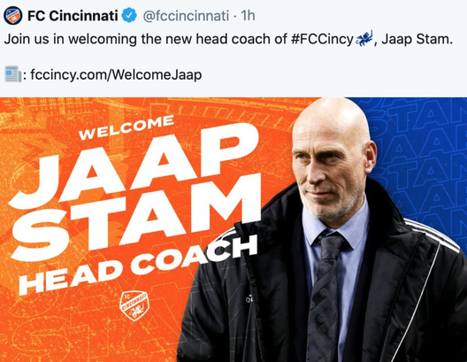 Presentazione di Jaap Stam (fonte profilo Twitter FC Cincinnati) Presentazione di Jaap Stam (fonte profilo Twitter FC Cincinnati)
