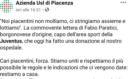 Fabio Paratici si rivolge ai piacentini Fabio Paratici si rivolge ai piacentini