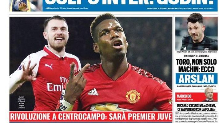 Prima Pagina, Tuttosport: “Prima Ramsey, poi Pogba. Colpo Inter: Godin! Napoli su Lazzari…”  Prima Pagina, Tuttosport: “Prima Ramsey, poi Pogba. Colpo Inter: Godin! Napoli su Lazzari…”