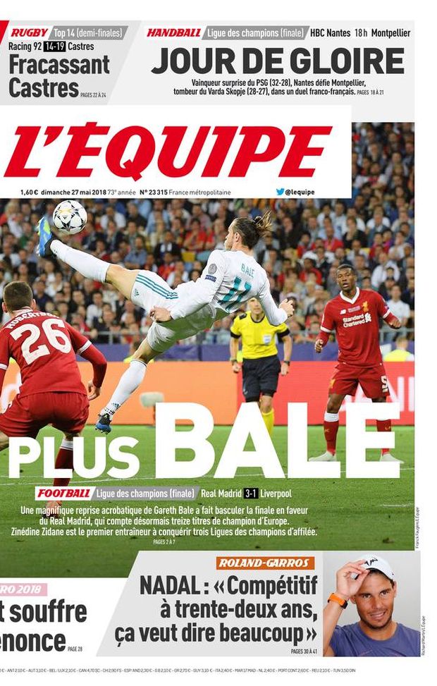 Prima Pagina, L’Équipe: “La più Bale. Il Real Madrid conta tredici Champions League, tre consecutive per Zidane…” Prima Pagina, L’Équipe: “La più Bale. Il Real Madrid conta tredici Champions League, tre consecutive per Zidane…”