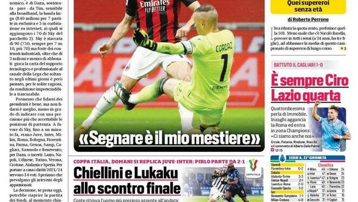 Prima Pagina, Corriere dello Sport: “Cinquecento unico. Doppietta di Ibra al Crotone e il Milan torna in testa&#8221; 
