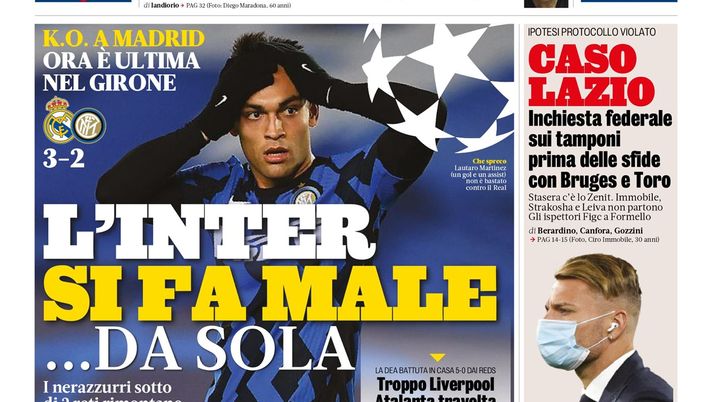 Gazzetta dello Sport, la prima pagina di oggi, mercoledì 4 novembre 2020 