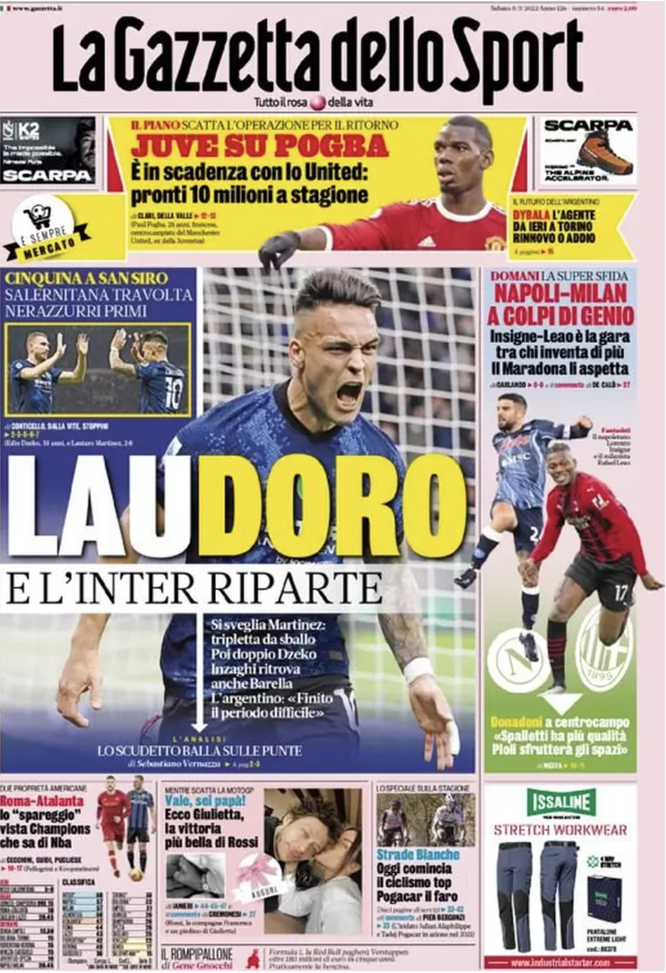 Prima Pagina, La Gazzetta dello Sport: “Laudoro, l’Inter riparte. Juve su Pogba”  prima pagina
