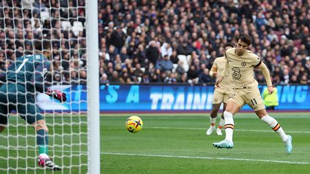 LONDON, ENGLAND - FEBRUARY 11: Joao Felix of Chelsea scores the team's first goal during the Premier League match between West Ham United and Chelsea FC at London Stadium on February 11, 2023 in London, England. (Photo by Julian Finney/Getty Images)