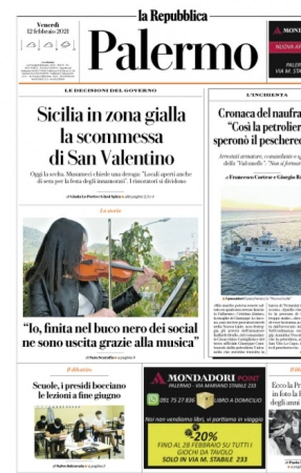 Prima Pagina, Repubblica Palermo: “Sicilia in zona gialla, la scommessa di San Valentino” 