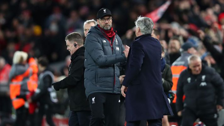 LIVERPOOL, ENGLAND - JANUARY 05: Jurgen Klopp, Manager of Liverpool embraces Carlo Ancelotti, Manager of Everton after the FA Cup Third Round match between Liverpool and Everton at Anfield on January 05, 2020 in Liverpool, England. (Photo by Clive Brunskill/Getty Images) LIVERPOOL, ENGLAND - JANUARY 05: Jurgen Klopp, Manager of Liverpool embraces Carlo Ancelotti, Manager of Everton after the FA Cup Third Round match between Liverpool and Everton at Anfield on January 05, 2020 in Liverpool, England. (Photo by Clive Brunskill/Getty Images)