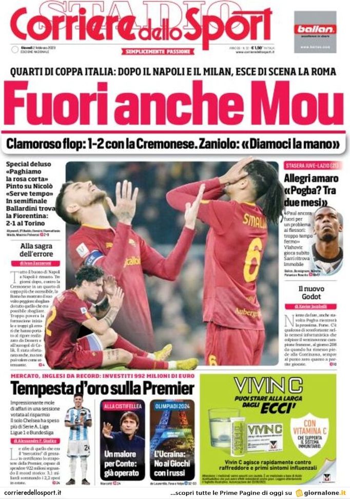 EDICOLA CDS – Coppa Italia, fuori anche Mou. Tempesta d’oro sulla Premier - immagine 1