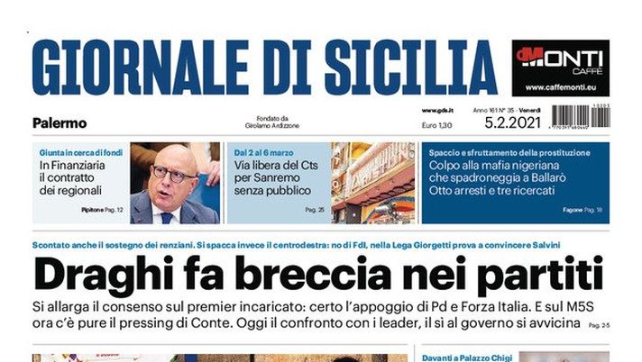 Prima Pagina, Giornale di Sicilia: “Draghi fa breccia nei partiti! Covid, scende ancora la curva dei casi” 