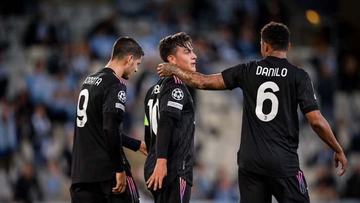 MALMO, SWEDEN - SEPTEMBER 14: Paulo Dybala of Juventus celebrates after scoring his team's second goal with teammates Alvaro Morata and Danilo during the UEFA Champions League group H match between Malmo FF and Juventus at Eleda Stadium on September 14, 2021 in Malmo, Sweden. (Photo by Daniele Badolato - Juventus FC/Juventus FC via Getty Images) MALMO, SWEDEN - SEPTEMBER 14: Paulo Dybala of Juventus celebrates after scoring his team's second goal with teammates Alvaro Morata and Danilo during the UEFA Champions League group H match between Malmo FF and Juventus at Eleda Stadium on September 14, 2021 in Malmo, Sweden. (Photo by Daniele Badolato - Juventus FC/Juventus FC via Getty Images)