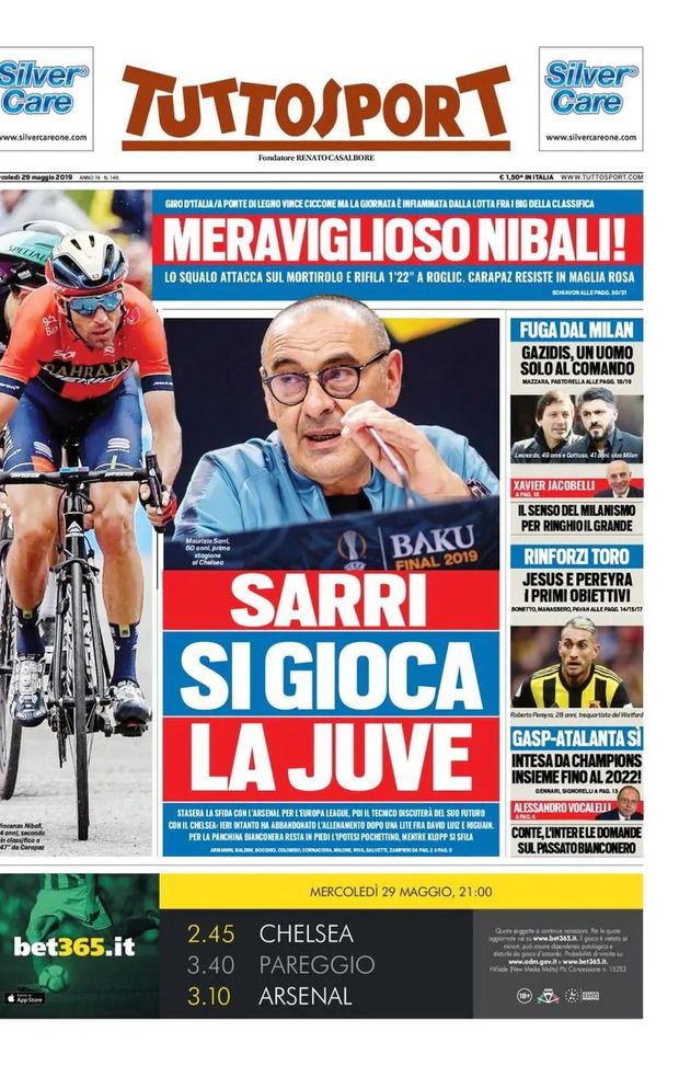 Prima Pagina, Tuttosport: “Sarri si gioca la Juve. Fuga dal Milan. Gasp-Atalanta, sì” 