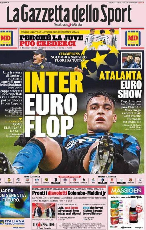  La prima pagina della Gazzetta dello Sport, in in edicola oggi, 10 dicembre 2020 