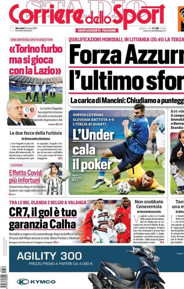  Il Corriere dello Sport, la prima pagina di oggi, mercoledì 31 marzo 2021 