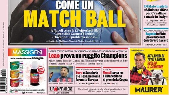 La Gazzetta dello Sport, la prima pagina di oggi, domenica 18 aprile 2021 