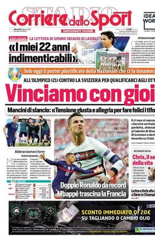 Prima Pagina, Corriere dello Sport: “Vinciamo con gioia” 