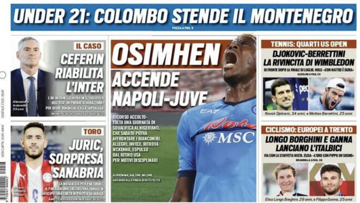 Prima Pagina, Tuttosport: “Osimhen accende Napoli-Juve. Italia, fuori i gol”  Prima Pagina, Tuttosport: “Osimhen accende Napoli-Juve. Italia, fuori i gol”