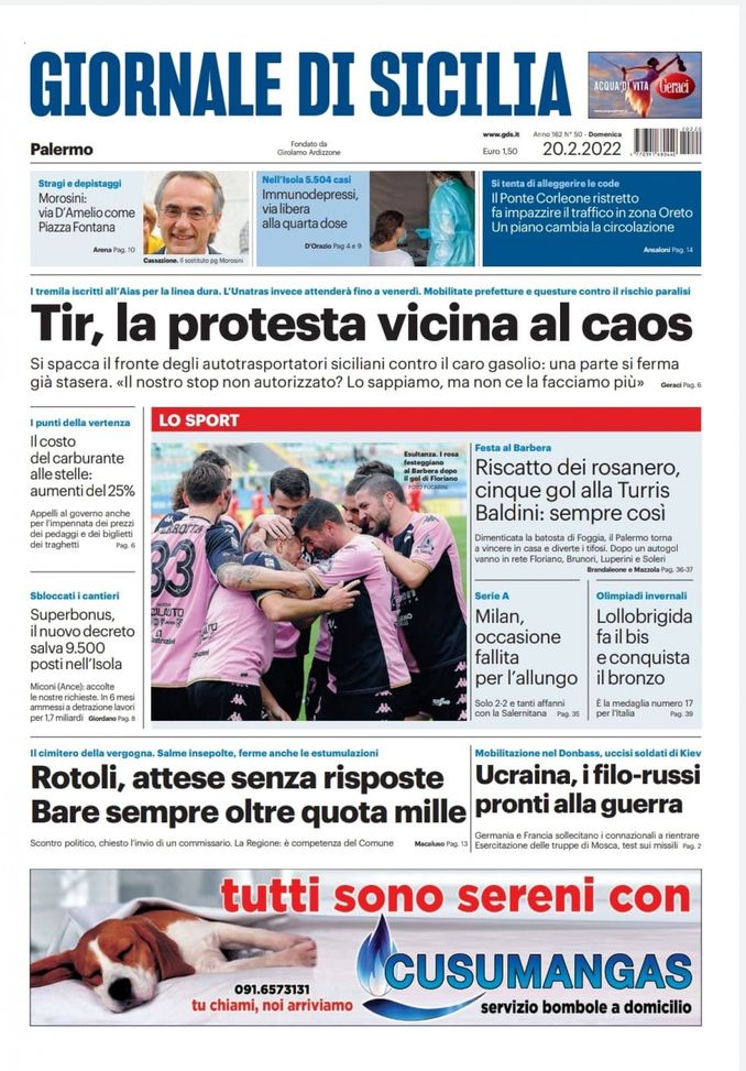 Prima Pagina, Giornale di Sicilia: “Riscatto dei rosanero, cinque gol alla Turris” - immagine 1