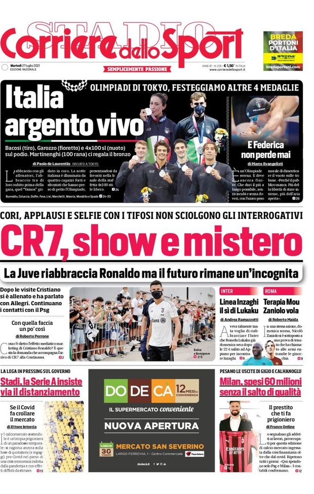 Prima Pagina, Corriere dello Sport: “CR7, show e mistero. Contatti con il Psg” Prima Pagina, Corriere dello Sport: “CR7, show e mistero. Contatti con il Psg”