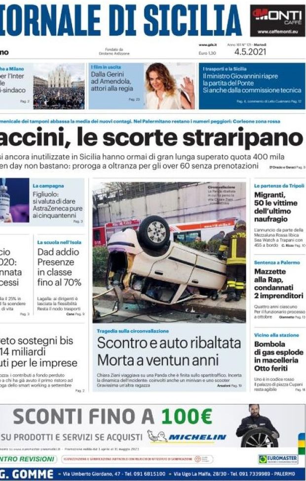 Prima Pagina, Giornale di Sicilia: “Vaccini le scorte straripano.Scontro e auto ribaltata, morta a ventun anni” Prima Pagina, Giornale di Sicilia: “Vaccini le scorte straripano.Scontro e auto ribaltata, morta a ventun anni”