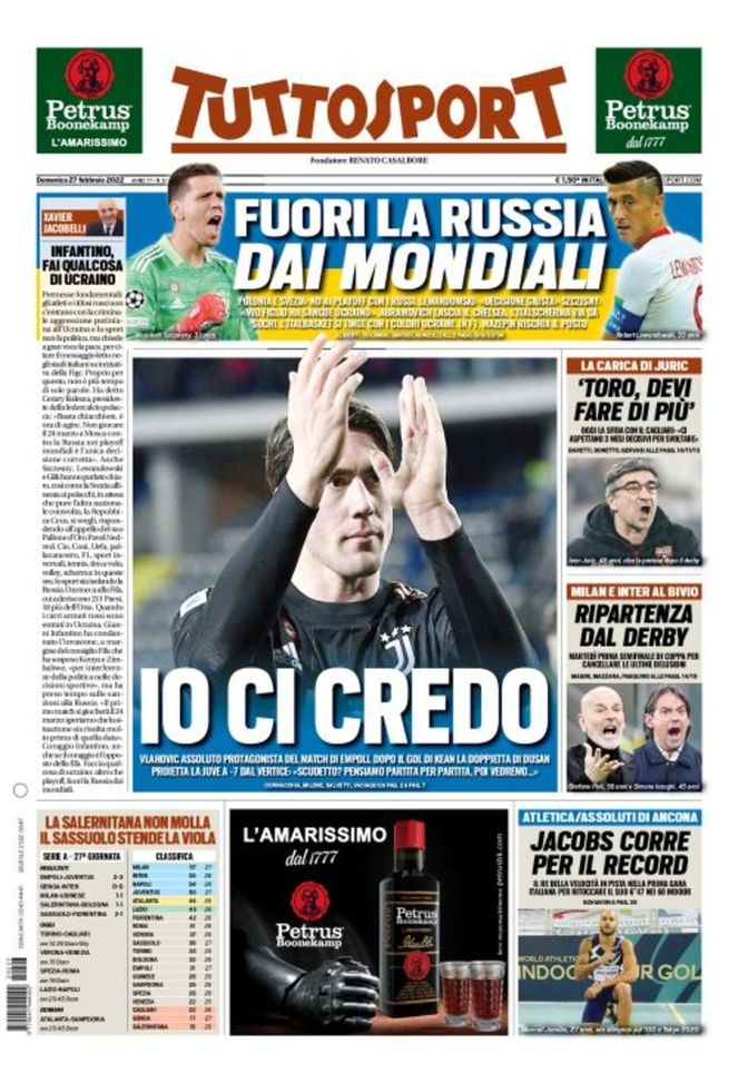 Prima Pagina, Tuttosport: “Io ci credo. Fuori la Russia dai Mondiali” Prima Pagina, Tuttosport: “Io ci credo. Fuori la Russia dai Mondiali” - immagine 1