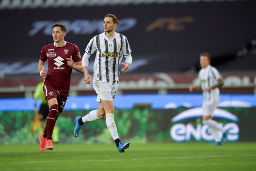 TURIN, ITALY - APRIL 03: Adrien Rabiot of Juventus in action against Sasa Lukic of Torino FC during the Serie A match between Torino FC and Juventus at Stadio Olimpico di Torino on April 03, 2021 in Turin, Italy. Sporting stadiums around Italy remain under strict restrictions due to the Coronavirus Pandemic as Government social distancing laws prohibit fans inside venues resulting in games being played behind closed doors. (Photo by Daniele Badolato - Juventus FC/Juventus FC via Getty Images) TURIN, ITALY - APRIL 03: Adrien Rabiot of Juventus in action against Sasa Lukic of Torino FC during the Serie A match between Torino FC and Juventus at Stadio Olimpico di Torino on April 03, 2021 in Turin, Italy. Sporting stadiums around Italy remain under strict restrictions due to the Coronavirus Pandemic as Government social distancing laws prohibit fans inside venues resulting in games being played behind closed doors. (Photo by Daniele Badolato - Juventus FC/Juventus FC via Getty Images)