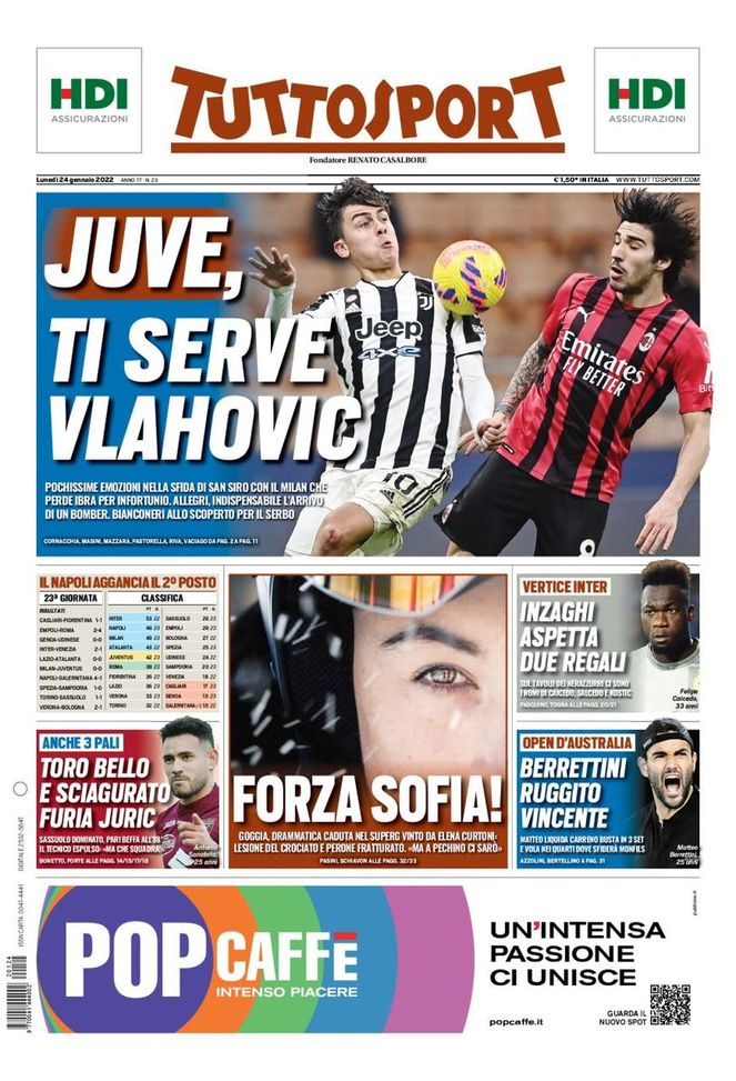 Prima Pagina, Tuttosport: “Juve, ti serve Vlahovic. Inzaghi aspetta due regali” - immagine 1