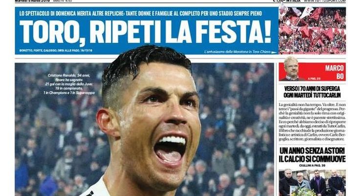 Prima Pagina, Tuttosport: “Ronaldo cambia la Juve. Cassano: ‘Icardi? Disastro firmato Wanda’. Toro, ripeti la festa!” Prima Pagina, Tuttosport: “Ronaldo cambia la Juve. Cassano: ‘Icardi? Disastro firmato Wanda’. Toro, ripeti la festa!”