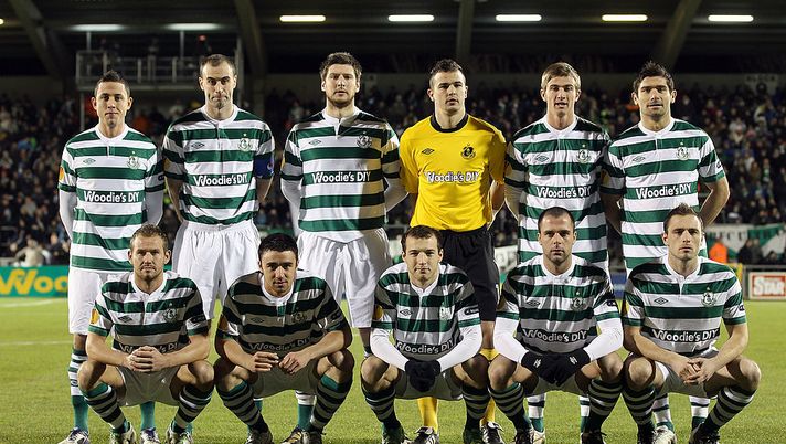 DUBLIN, IRELAND - DECEMBER 15: The Shamrock Rovers FC team pose prior to the UEFA Europa League match between Shamrock Rovers FC and Tottenham Hotspur FC at the Tallaght Stadium on December 15, 2011 in Dublin, Ireland.  (Photo by Clive Rose/Getty Images) 