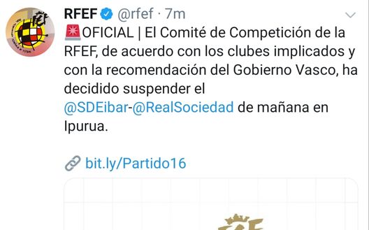 Non si gioca Eibar-Real Sociedad: la comunicazione è ufficiale Non si gioca Eibar-Real Sociedad: la comunicazione è ufficiale