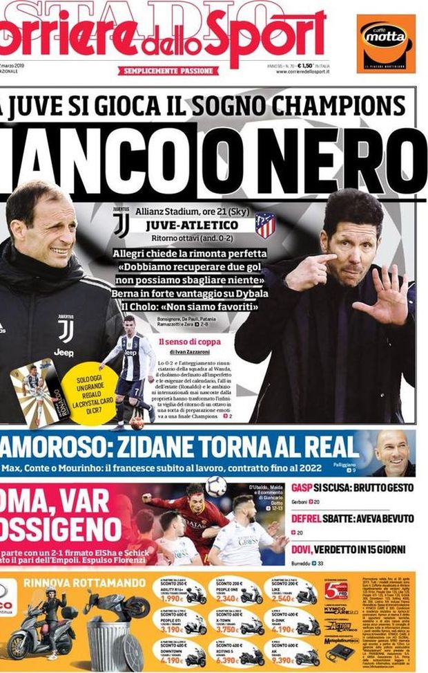 Prima Pagina, Corriere dello Sport: “Bianco o nero. Zidane torna al Real. Roma, Var e ossigeno…” Prima Pagina, Corriere dello Sport: “Bianco o nero. Zidane torna al Real. Roma, Var e ossigeno…”