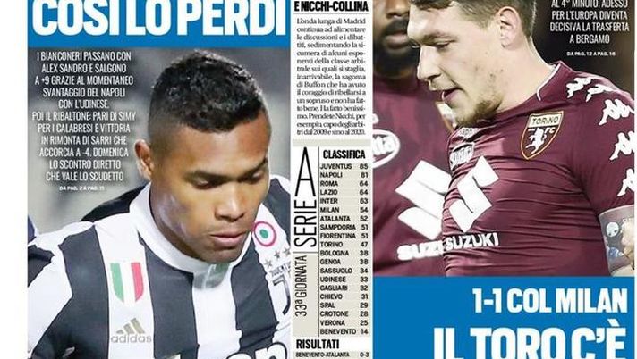 Prima Pagina, Tuttosport: &#8220;Juve horror. Il Toro c&#8217;è, il Gallo no. Roma terza con Under. Benevento, è finita&#8230;&#8221; 