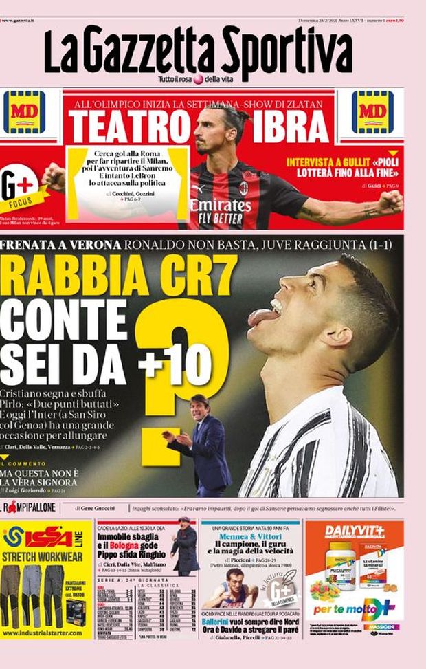 Prima Pagina, La Gazzetta dello Sport: “Rabbia CR7, Conte sei da +10? Teatro Ibra” 