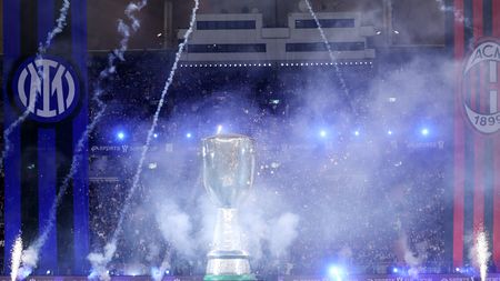 RIYADH, SAUDI ARABIA - JANUARY 18: A general view the inside of the stadium with the EA Sports Supercup as a pyrotechnics display takes place prior to the EA Sports Supercup match between AC Milan and FC Internazionale at King Fahd International Stadium on January 18, 2023 in Riyadh, Saudi Arabia. (Photo by Yasser Bakhsh/Getty Images)