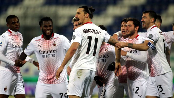 CAGLIARI, ITALY - JANUARY 18:  Zlatan Ibrahimovic of Milan celebrates his goal 0-2   during the Serie A match between Cagliari Calcio and AC Milan at Sardegna Arena on January 18, 2021 in Cagliari, Italy. (Photo by Enrico Locci/Getty Images) 