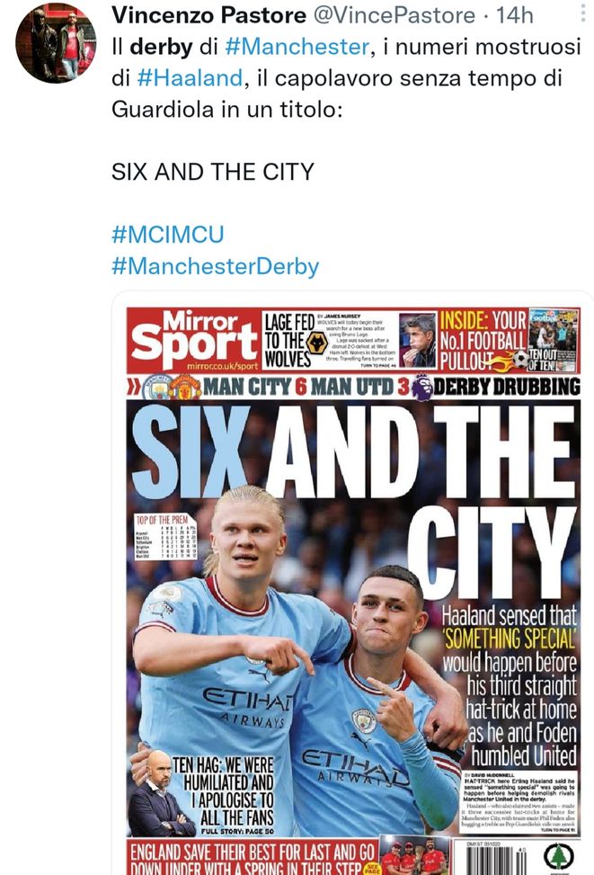 Manchester derby, il capolavoro del Mirror: “Six and the City”- immagine 2