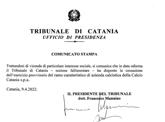 Catania, Tribunale cessa esercizio provvisorio. Campionato finito- immagine 2