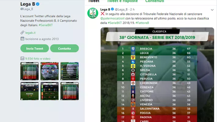Palermo retrocesso in C: primo grado di giudizio, ma la Lega B aggiorna già la classifica