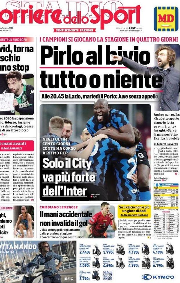 Prima Pagina, Corriere dello Sport: “Pirlo al bivio, tutto o niente! Solo il City va più forte dell’Inter” Prima Pagina, Corriere dello Sport: “Pirlo al bivio, tutto o niente! Solo il City va più forte dell’Inter”