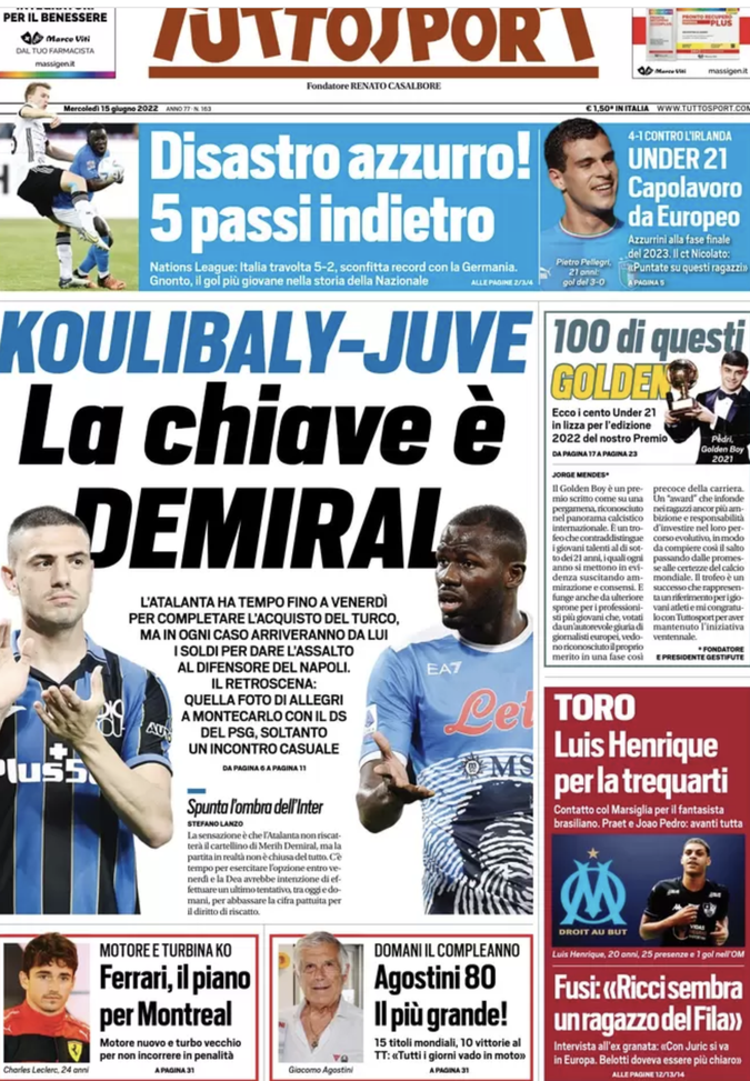 Prima Pagina, Tuttosport: “Disastro azzurro, cinque passi indietro. Koulibaly-Juve” prima pagina