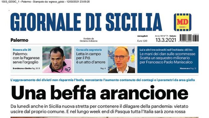 Prima Pagina, Giornale di Sicilia: “Una beffa arancione. Musumeci ora vuole i soldi da Roma”  Prima Pagina, Giornale di Sicilia: “Una beffa arancione. Musumeci ora vuole i soldi da Roma”