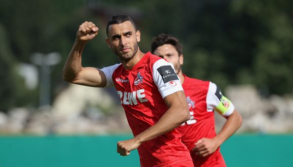 JENA, GERMANY - AUGUST 08: Ellyes Skhiri of Koeln celebrates the second goal during the DFB Cup First Round between FC Carl Zeiss Jena and 1.FC Koeln at Ernst-Abbe-Sportfeld on August 08, 2021 in Jena, Germany. (Photo by Karina Hessland-Wissel/Getty Images) JENA, GERMANY - AUGUST 08: Ellyes Skhiri of Koeln celebrates the second goal during the DFB Cup First Round between FC Carl Zeiss Jena and 1.FC Koeln at Ernst-Abbe-Sportfeld on August 08, 2021 in Jena, Germany. (Photo by Karina Hessland-Wissel/Getty Images)
