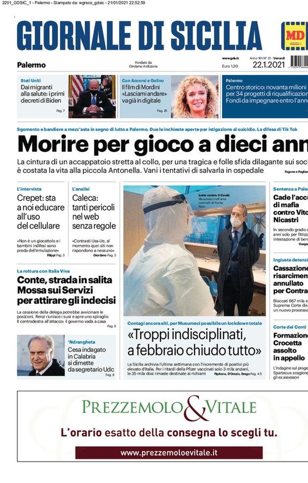 Prima Pagina, Giornale di Sicilia: &#8220;Conte, strada in salita! Una cintura al collo è costata la vita ad Antonella&#8221; 