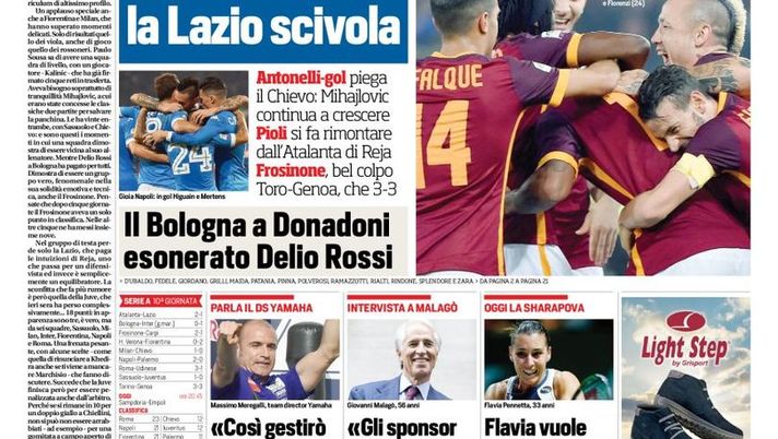 Prima Pagina, Corriere dello Sport: “Roma e Napoli sì! Battute Udinese e Palermo. Juve tonfo, ma è caos arbitro. C’era una gomitata su Dybala” Prima Pagina, Corriere dello Sport: “Roma e Napoli sì! Battute Udinese e Palermo. Juve tonfo, ma è caos arbitro. C’era una gomitata su Dybala”