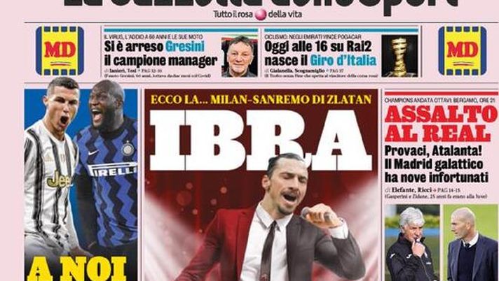 La Gazzetta dello Sport, la prima pagina di oggi, mercoledì 24 febbraio 2021 