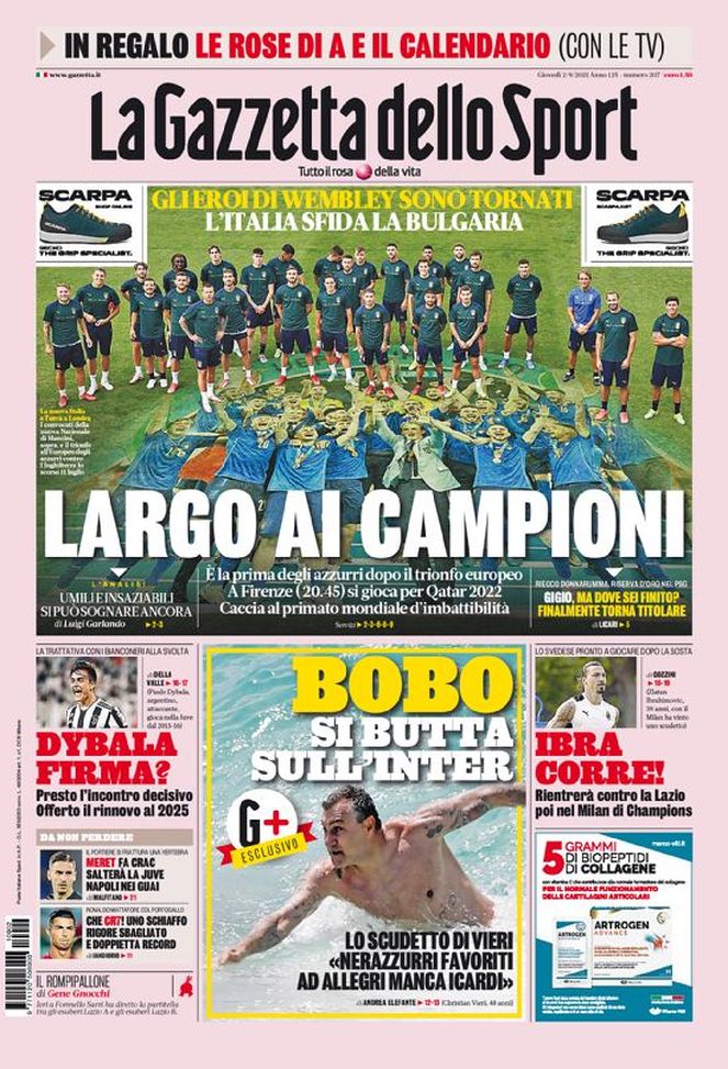 Prima Pagina, La Gazzetta dello Sport: “Largo ai campioni. Bobo si butta sull’Inter” Prima Pagina, La Gazzetta dello Sport: “Largo ai campioni. Bobo si butta sull’Inter”