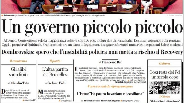 Prima Pagina, La Repubblica: &#8220;Un Governo piccolo, maggioranza relativa per Conte al Senato&#8221; 